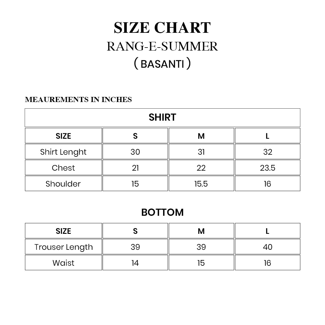 BASANTI — Yellow floral embroidered set Size Chart