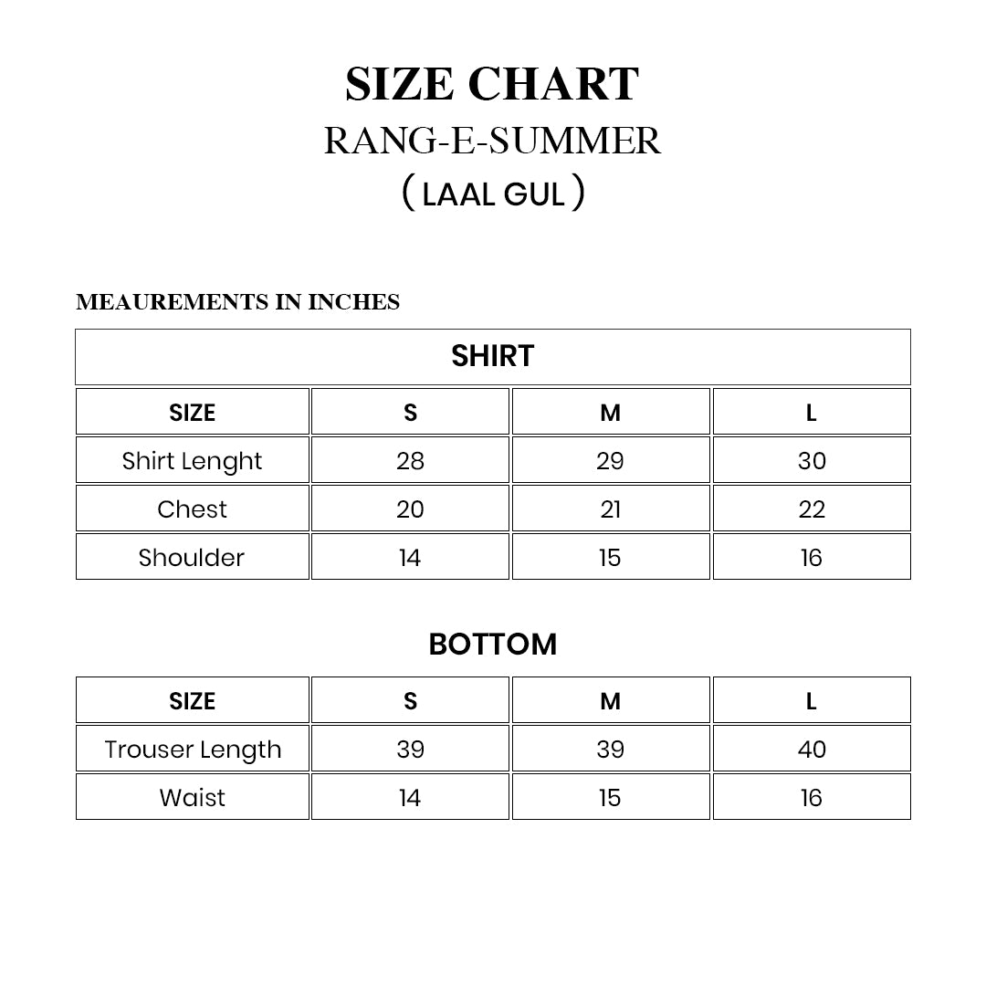 LAAL GUL — Deep red embroidered set Size Chart