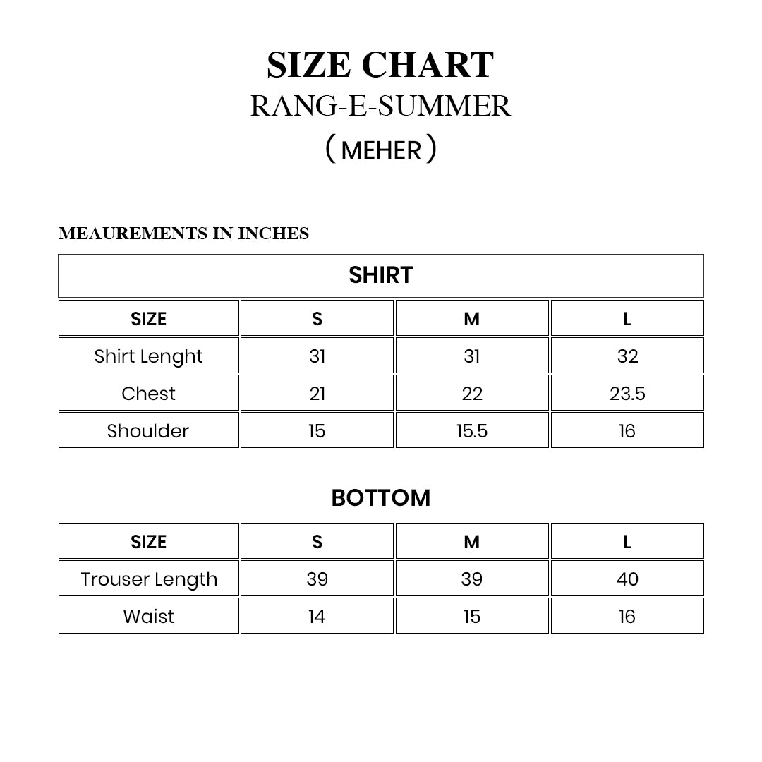 MEHER — Lilac embroidered set Size Chart