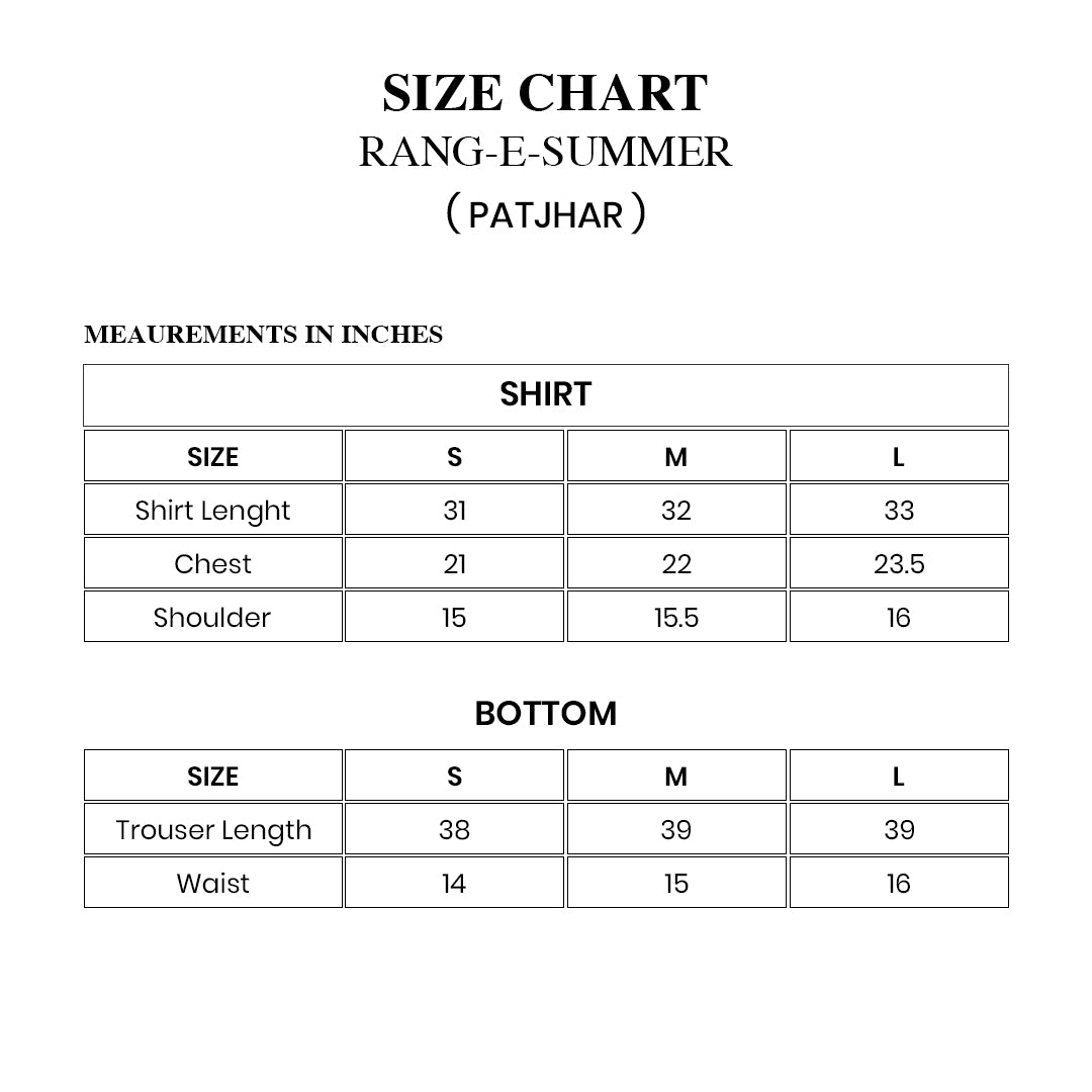 PATJHAR — Rust & off-white embroidered set Size Chart