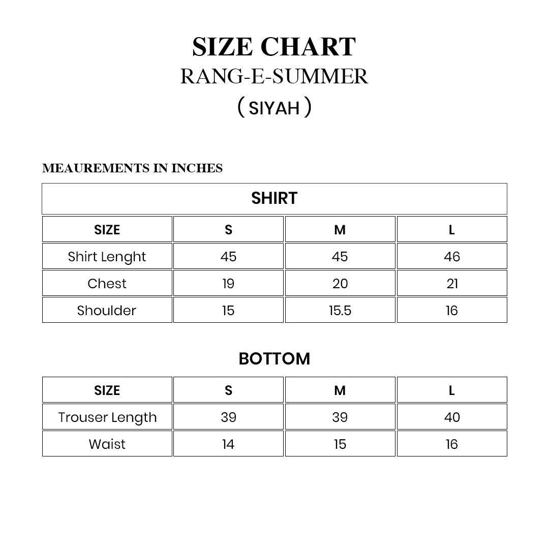 SIYAH — Black on black embroidered set Size Chart