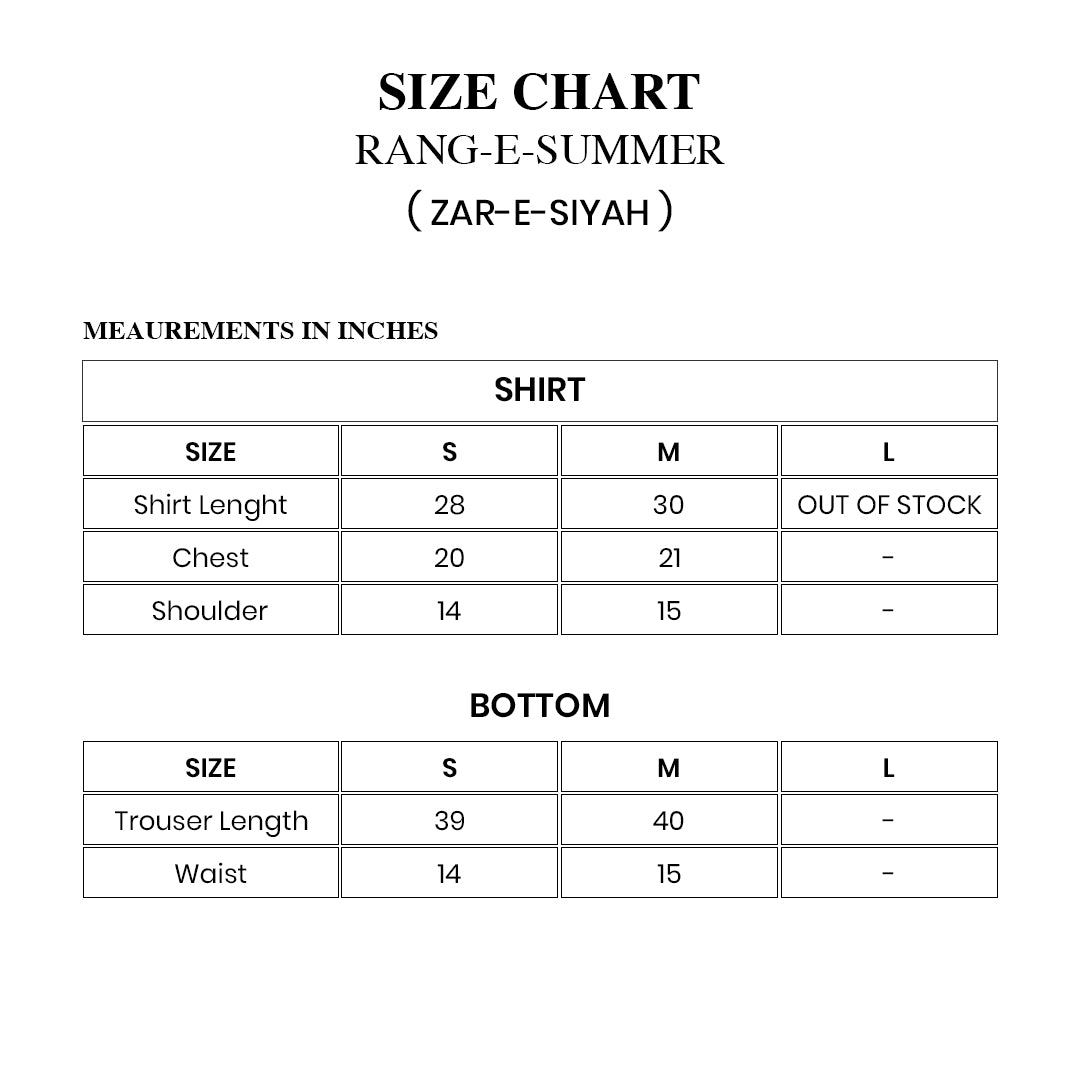 ZAR-E-SIYAH — Black & gold embroidered set Size Chart