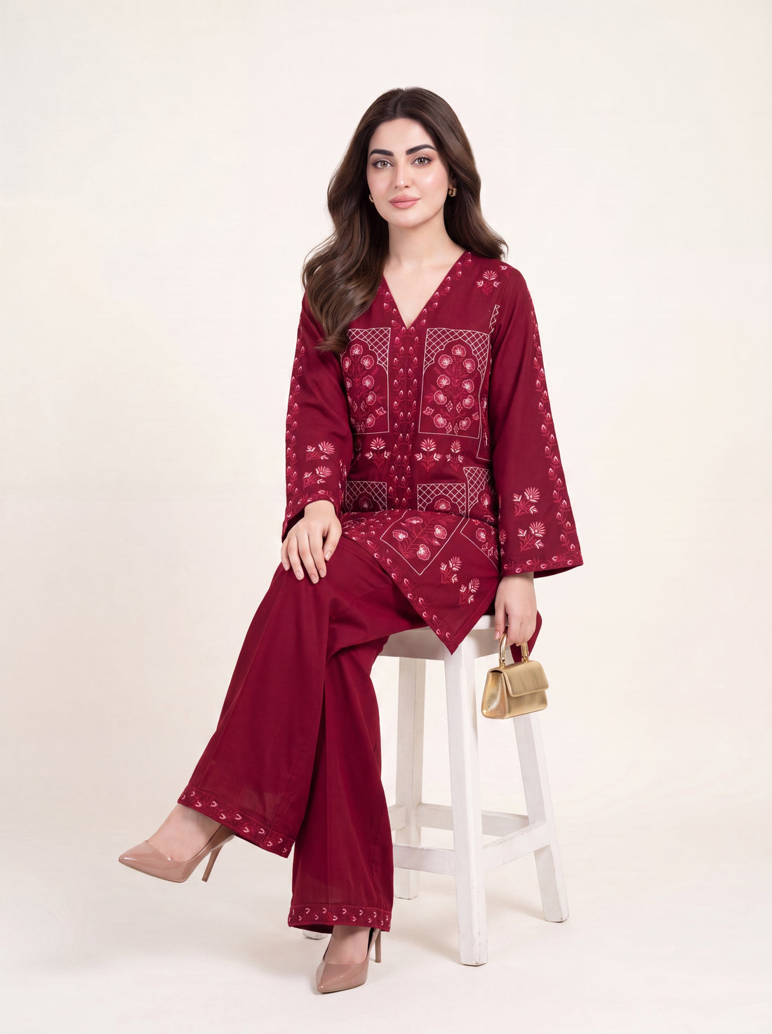 LAAL GUL — Deep red embroidered set