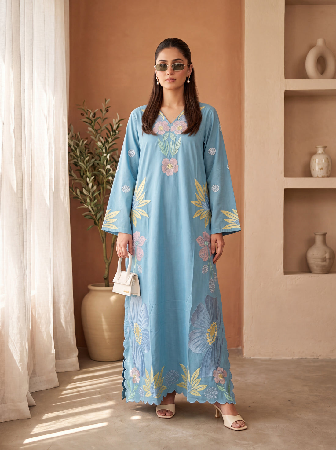 NEELOFAR — Sky blue embroidered kaftan